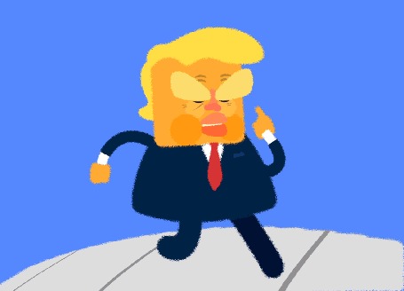 Анимация Дональд Трамп, приплясывая, шагает по планете