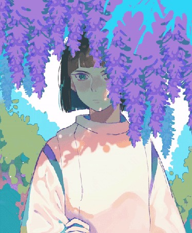 Анимация Хаку / Haku из аниме Унесенные призраками / Spirited Away за цветущей глицинией, by Hiroko Hatsumi