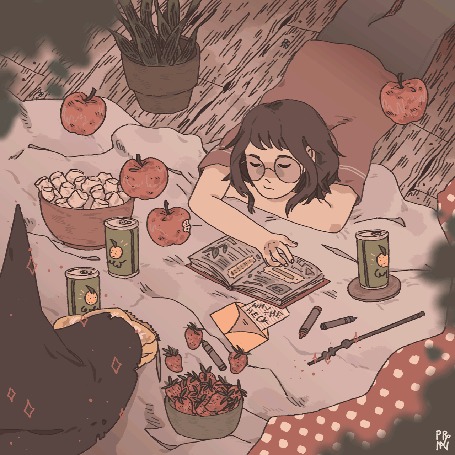 Анимация Девушка в очках лежит и читает книгу