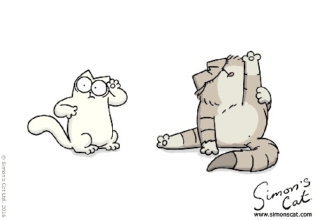 Анимация Кот облизывает лапу, а другой стоит рядом, сериал Simons Cat