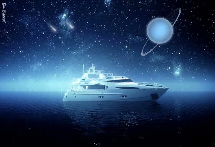 Анимация Морская яхта на фоне фантастического ночного неба, гифка Морская яхта на фоне фантастического ночного неба