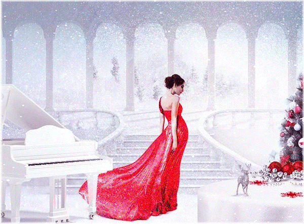 Анимация Девушка в красном вечернем платье стоит у рояля и новогодней елки на столе, на которые падает снег, гифка Девушка в красном вечернем платье стоит у рояля и новогодней елки на столе, на которые падает снег