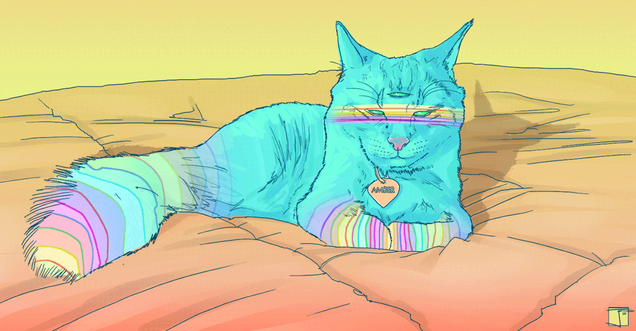 Анимация Трехглазая кошка лежит на кровати, by Phazed, гифка Трехглазая кошка лежит на кровати, by Phazed