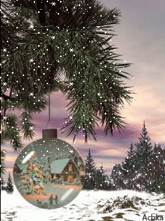 Анимация В новогоднем шарике отражается дом и горящая елка, by Acbka, гифка В новогоднем шарике отражается дом и горящая елка, by Acbka