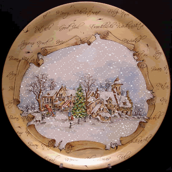 Анимация Снег идет над деревней в Рождество, на пергаменте, гифка Снег идет над деревней в Рождество, на пергаменте