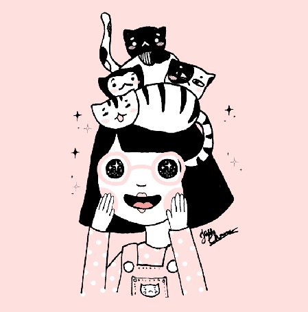 Анимация Девушка в очках с кошками на голове, by jessthechen