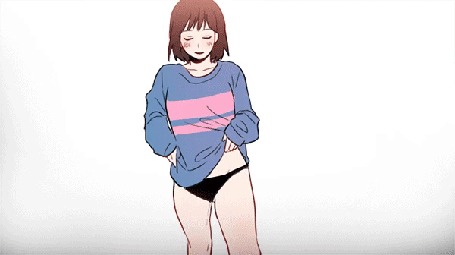 Анимация Frisk / Фриск, смущаясь, снимает кофту, а под ней оказывается Санс / Sans из игры Undertale