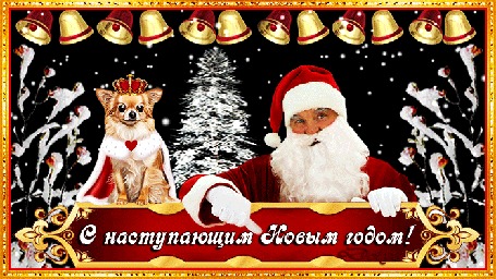 Анимация Санта и собачка поздравляют с наступающим Новым Годом