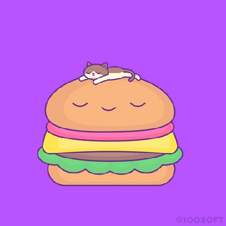 Анимация Кошка спит на спящем же гамбургере, by 100% Soft