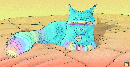 Анимация Трехглазая кошка лежит на кровати, by Phazed