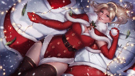 Анимация Mercy / Ангел / Angela Ziegler / Ангела Циглер из игры Overwatch / Дозор, в новогоднем костюме лежит на снегу, держа в руках снежок и гирлянду, by OlchaS