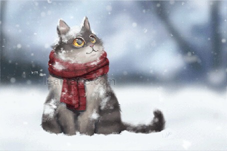 Анимация Серый кот в бордовом шарфе под падающим снегом, by leamatte