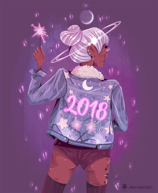 Анимация Девушка с бенгальским огнем и надписью на куртке 2018, by Jimmy Martinez, гифка Девушка с бенгальским огнем и надписью на куртке 2018, by Jimmy Martinez