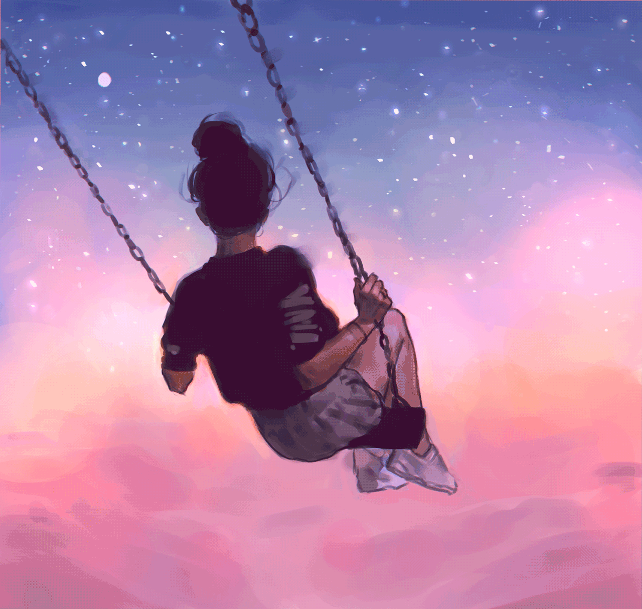 Анимация Девушка на качели на фоне звездного неба, гифка Девушка на качели на фоне звездного неба