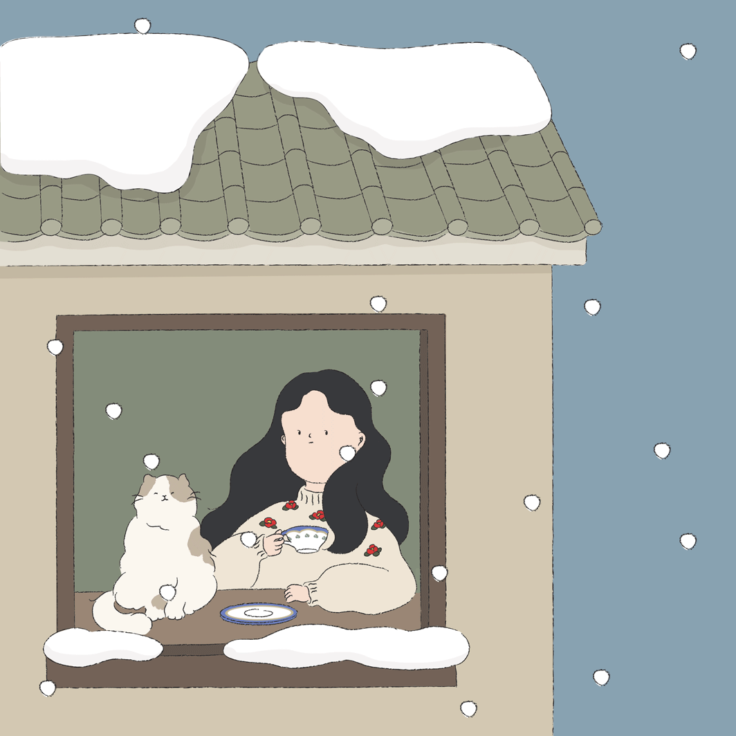 Анимация Девушка и кошка сидят у окна и смотрят на падающий снег, by peace_illust, гифка Девушка и кошка сидят у окна и смотрят на падающий снег, by peace_illust