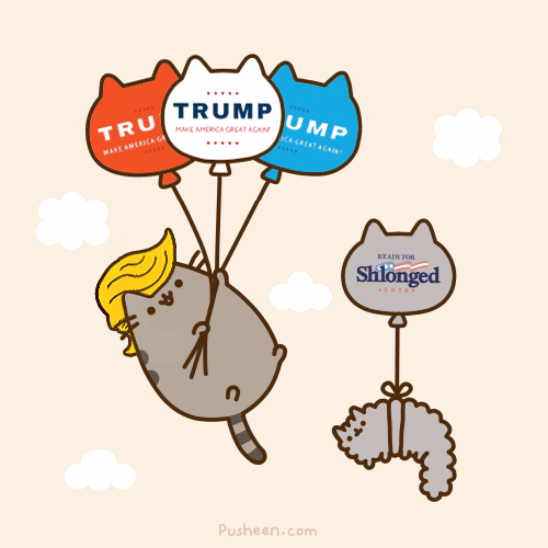 Анимация Pusheen Cat / Кот Пушин летит на трех воздушных шарах, на которых написано Trump / Трамп, гифка Pusheen Cat / Кот Пушин летит на трех воздушных шарах, на которых написано Trump / Трамп