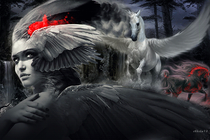 Анимация Девушка-ангел, пегас и конь, пылающий огнем, на фоне природы, by Akela 73, гифка Девушка-ангел, пегас и конь, пылающий огнем, на фоне природы, by Akela 73