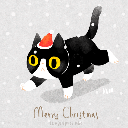 Анимация Кот в шапочке Санта-Клауса идет по снегу / Merry Christmas, by ABOO YANG, гифка Кот в шапочке Санта-Клауса идет по снегу / Merry Christmas, by ABOO YANG