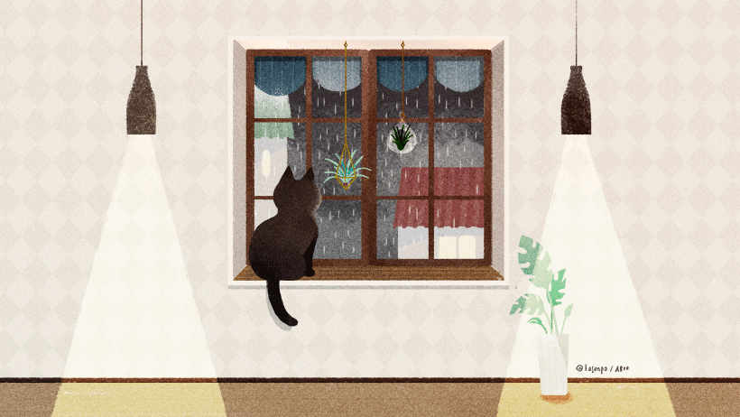 Анимация Кот сидит на подоконнике и смотрит на дождь за окном, by ABOO YANG, гифка Кот сидит на подоконнике и смотрит на дождь за окном, by ABOO YANG