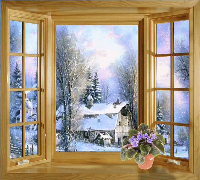 Анимация Горшок с цветком на подоконнике мансарды, через окно которой виден умиротворяющий лубочный зимний пейзаж - домик, засыпанный снегом, в окружении елок и берез под серебристыми блестками медленно опадающего снега, гифка Горшок с цветком на подоконнике мансарды, через окно которой виден умиротворяющий лубочный зимний пейзаж - домик, засыпанный снегом, в окружении елок и берез под серебристыми блестками медленно опадающего снега