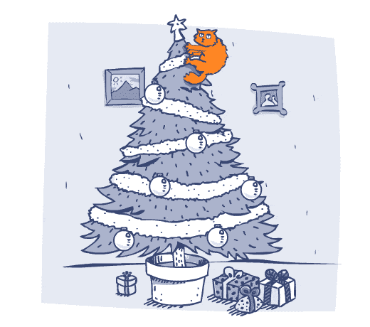 Анимация Кот качается на верхушке новогодней елки под которой лежат подарки, гифка Кот качается на верхушке новогодней елки под которой лежат подарки