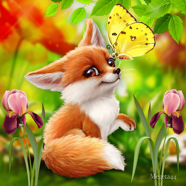 Анимация Лисенок с бабочкой на носу среди цветов, by Megeta 44, гифка Лисенок с бабочкой на носу среди цветов, by Megeta 44