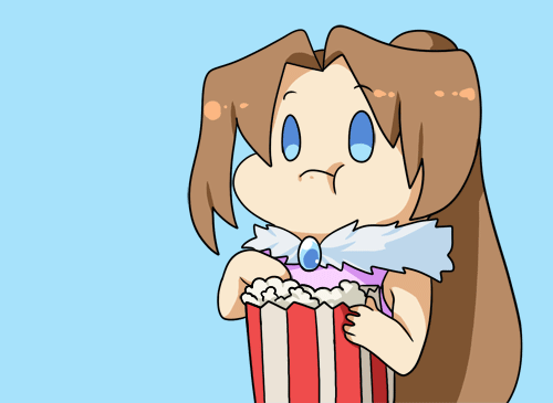 Анимация Удивленная девушка жует попкорн, by binoftrash, гифка