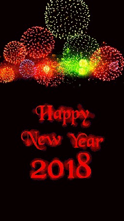 Анимация Надпись happy new year 2018 / Счастливого Нового года 2018 под разноцветным салютом на черном фоне