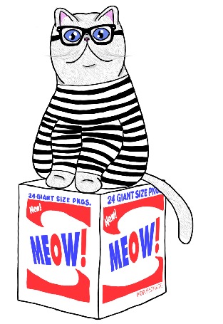 Анимация Кот в очках, одетый в тельняшку, сидит на коробке с надписью MEOW!