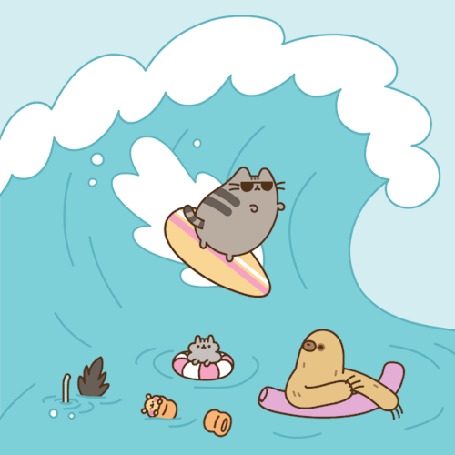 Анимация Pusheen Cat / Кот Пушин занимается серфингом
