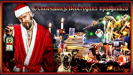 Анимация Мужчина в костюме Санты держит в руках бутылку, рядом сидит удивленная собака (С окончанием Новогодних праздников)