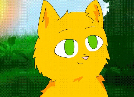 Анимация Желтый кот с зелеными глазами на фоне природы