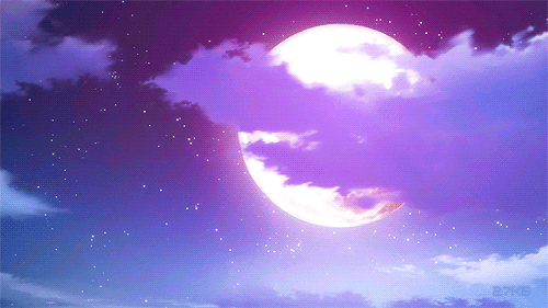 Анимация Фиолетовые облачка проплывают мимо сияющей полной луны в звездном небе, гифка Фиолетовые облачка проплывают мимо сияющей полной луны в звездном небе
