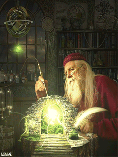 Анимация Волшебник в своей лаборатории, создает магию с помощью магического инструмента, гифка Волшебник в своей лаборатории, создает магию с помощью магического инструмента