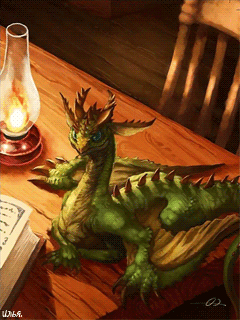 Анимация Дракон сидит на столе с рядом стоящим горящим подсвечником и с рядом лежащей открытой книгой, гифка Дракон сидит на столе с рядом стоящим горящим подсвечником и с рядом лежащей открытой книгой