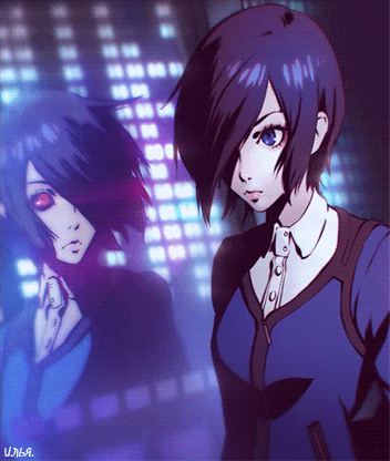 Анимация Touka Kirishima / Тока Кирисима из аниме Tokyo Ghoul / Токийский Гуль видит свое отражение на стеклянной поверхности, гифка Touka Kirishima / Тока Кирисима из аниме Tokyo Ghoul / Токийский Гуль видит свое отражение на стеклянной поверхности
