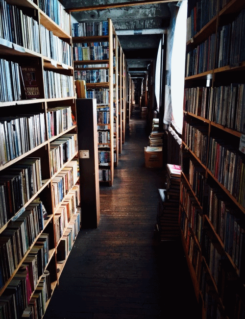 Анимация Книжный полки стоят друг напротив друга, гифка Книжный полки стоят друг напротив друга