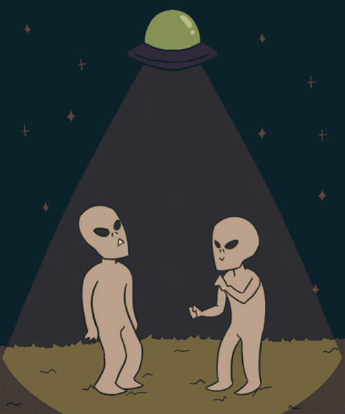 Анимация Два инопланетянина танцуют в свете летающей тарелки, гифка Два инопланетянина танцуют в свете летающей тарелки