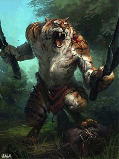 Анимация Воин тигр с двумя мачете в лапах, где-то в диких джунглях, поймал свою жертву, гифка Воин тигр с двумя мачете в лапах, где-то в диких джунглях, поймал свою жертву