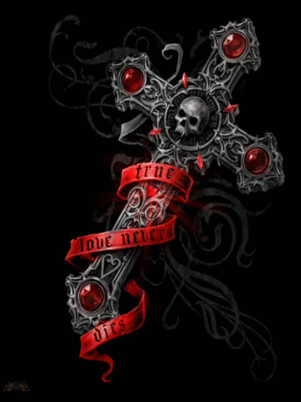 Анимация Крест с церепом и рубинами сияет красным (True love never dies / настоящая любовь не умерает), гифка Крест с церепом и рубинами сияет красным (True love never dies / настоящая любовь не умерает)