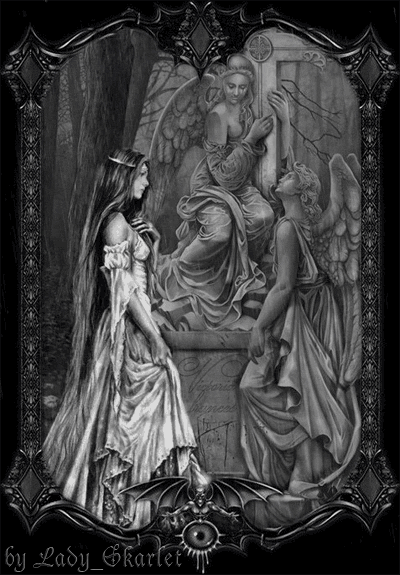 Анимация Девушка возле каменных ангелов под дождем by Lady Skarlet, гифка Девушка возле каменных ангелов под дождем by Lady Skarlet