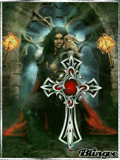 Анимация Мужчина-вампир в замке с факелами держит большой крест с рубином, гифка Мужчина-вампир в замке с факелами держит большой крест с рубином