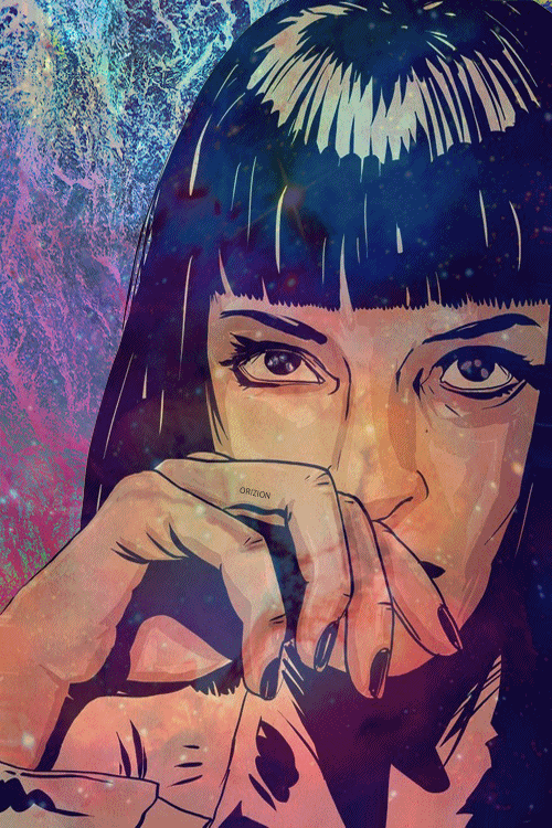 Анимация Ума Турман держит руку у лица, фильм Криминальное чтиво, гифка Ума Турман держит руку у лица, фильм Криминальное чтиво