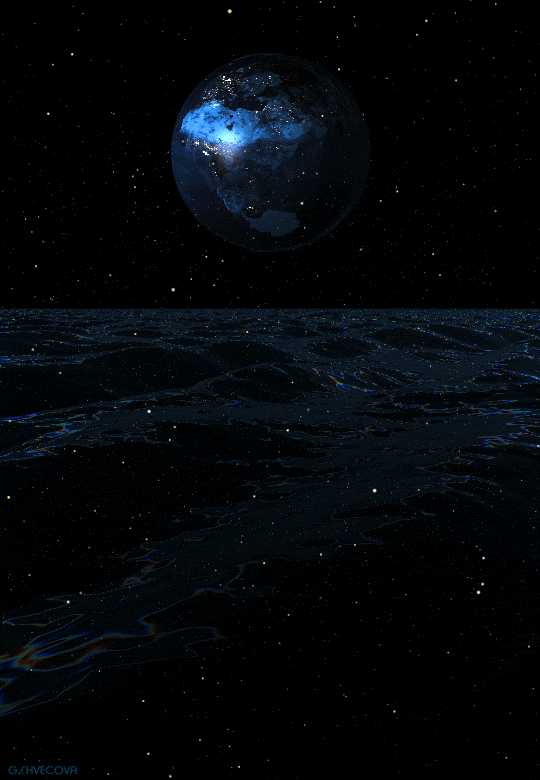 Анимация Планета над морем в полной темноте, гифка Планета над морем в полной темноте