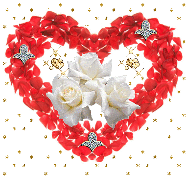 Анимация Три белых розы внутри сердечка из красных лепестков, гифка Три белых розы внутри сердечка из красных лепестков
