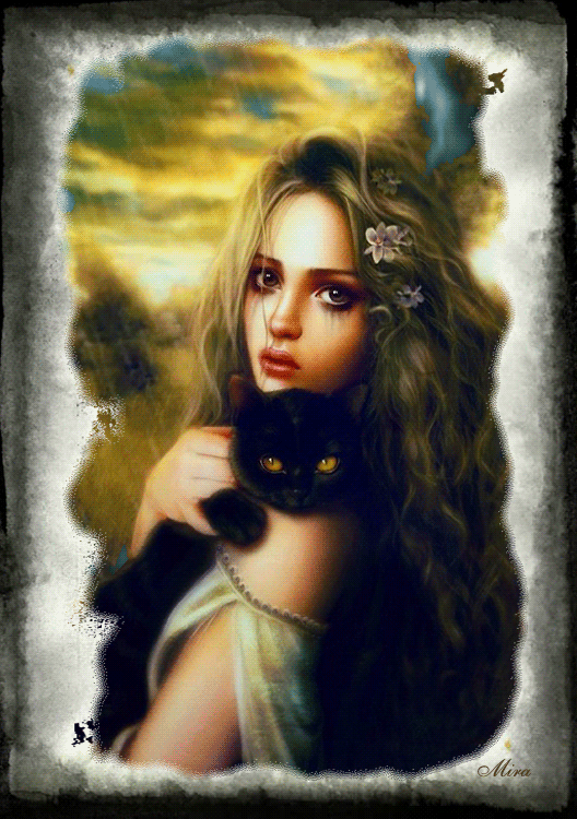 Анимация Грустная девушка со слезами на глазах с черным котом стоит под дождем (Мира), гифка Грустная девушка со слезами на глазах с черным котом стоит под дождем (Мира)