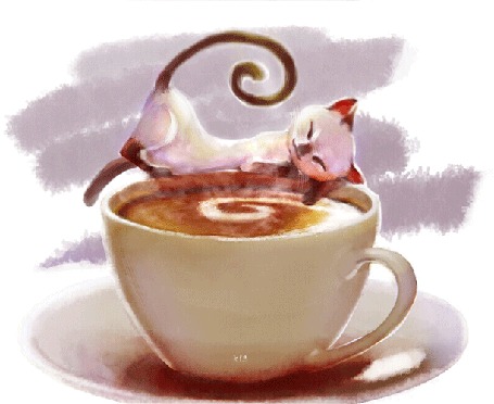 Анимация Сиамская кошка лежит на краю кофейной чашки, by CharcoalCharcaz