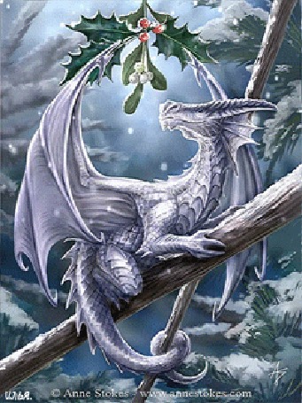 Анимация Дракон на ветке под падающим снегом (исходник - Anne Stokes, анимация - Илья)