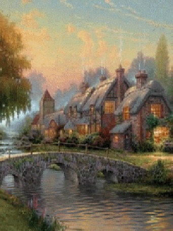 Анимация Домик у ручья и мост осенью by Thomas Kinkade