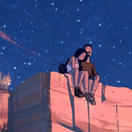 Анимация Влюбленные сидят на крыше дома под звездным небом, гифка Влюбленные сидят на крыше дома под звездным небом